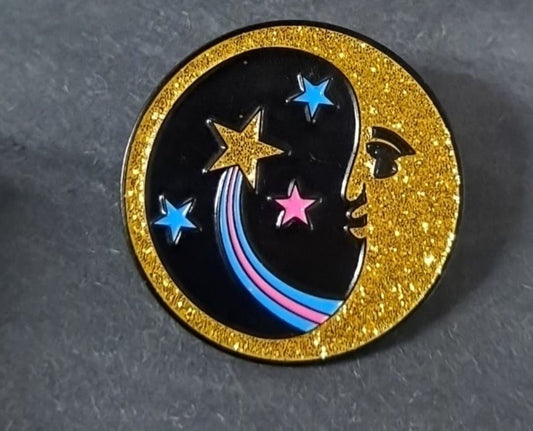 Crescent Moon Face & Shooting Star Glitter Hat Pin - HalfMoonMusic