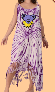 Womens Grateful Dead Bear Tie Dye String Fringe Dress - HalfMoonMusic