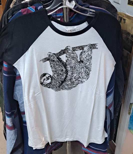 Women's Rayon Long Sleeve Sloth Print Raglan Shirt - HalfMoonMusic