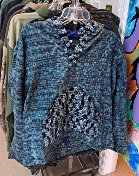 Unisex Pullover Cotton Hand-Woven Brocade Patchwork Hoodie W/ Hood Detail - HalfMoonMusic