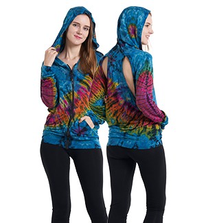 Womens Tie-Dye Cut Out Back Long Sleeve Hoodie - HalfMoonMusic