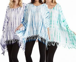 Womens Rayon Tie Dye Mixed Color Poncho with Tassles - HalfMoonMusic
