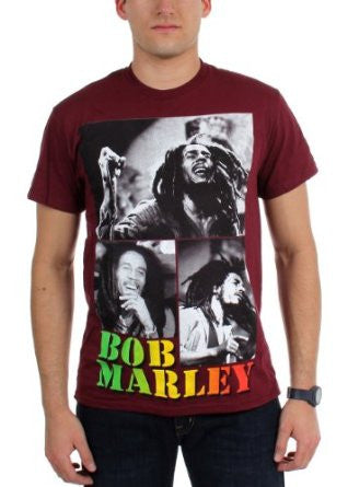 Bob Marley Collage Maroon Mens T-shirt - HalfMoonMusic