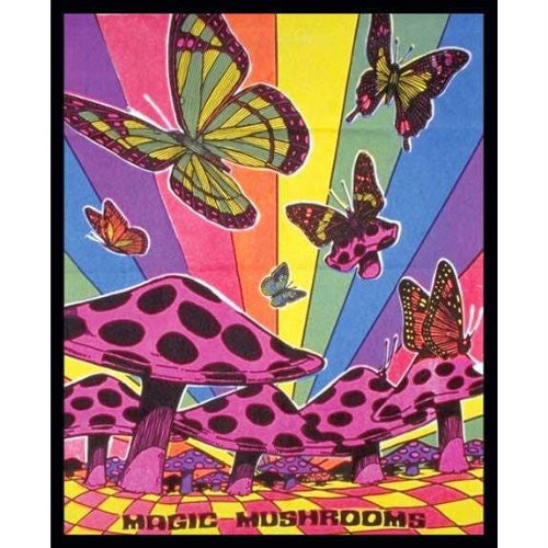 Magic Mushrooms Butterfly Black Light Reactive Tapestry - HalfMoonMusic