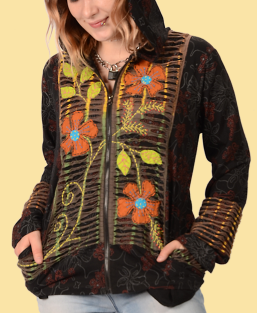 Razor Cut Hooded Zip Up with Embroidered Leaves - HalfMoonMusic