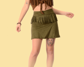 Womens Vegan Stretch Suede Fringe Skirt - HalfMoonMusic