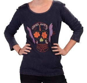 Day of the Dead Stonewash Long Sleeve Womens Top - HalfMoonMusic