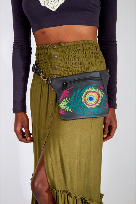 Peacock Embroidered Leather Hip Pouch - HalfMoonMusic