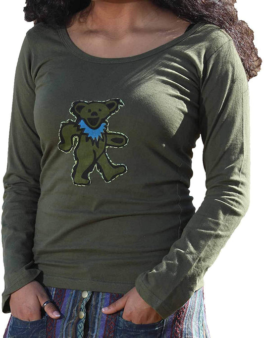 Womens Scoop Neck Long Sleeve Aiko Bear Stitched Shirt - HalfMoonMusic