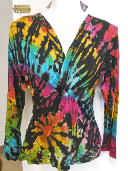 Womens Tie-dye Long-sleeve Front Twist Top - HalfMoonMusic