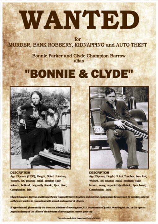 11x17 Bonnie & Clyde Wanted Countertop Poster - HalfMoonMusic