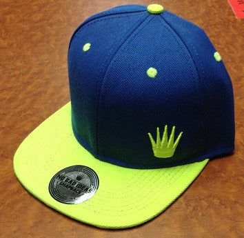 Neon Yellow and Blue Crown Emblem Snap Back Hat - HalfMoonMusic