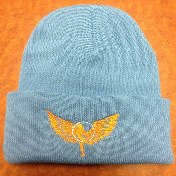 Light Blue and Orange Hoop Wings Folded Brim Beanie - HalfMoonMusic