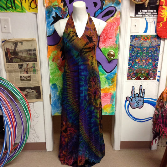 Womens Tie Dye Open Back Halter Dress - HalfMoonMusic