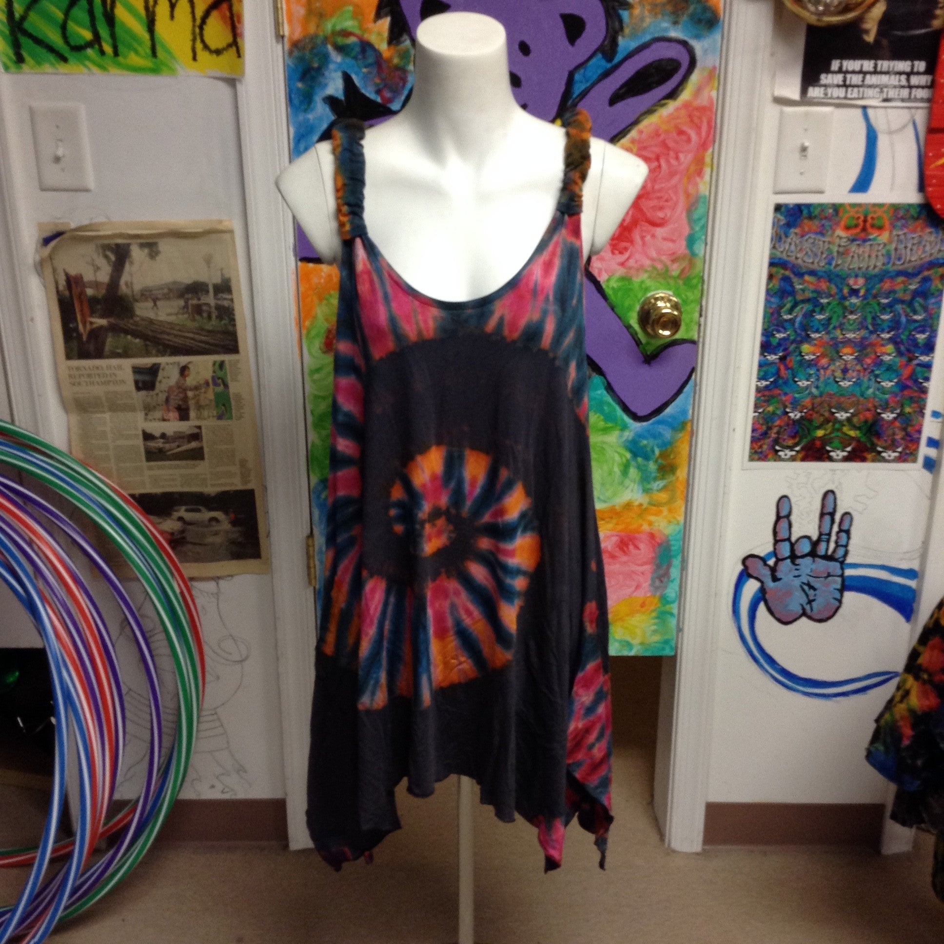 Womens Tie-Dye Adjustable Strap Tank Dress With Pockets - HalfMoonMusic