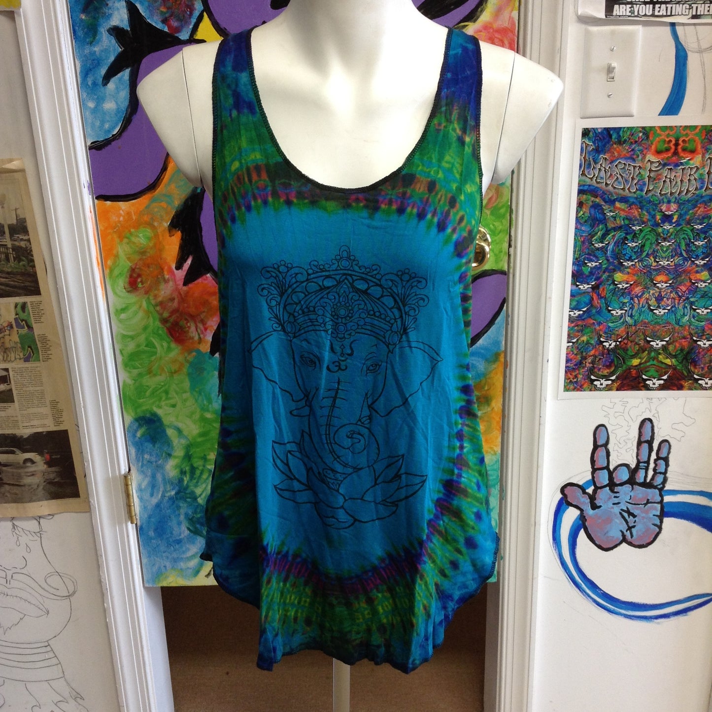 Womens Ganesh Print Tie Dye Tank Top - HalfMoonMusic