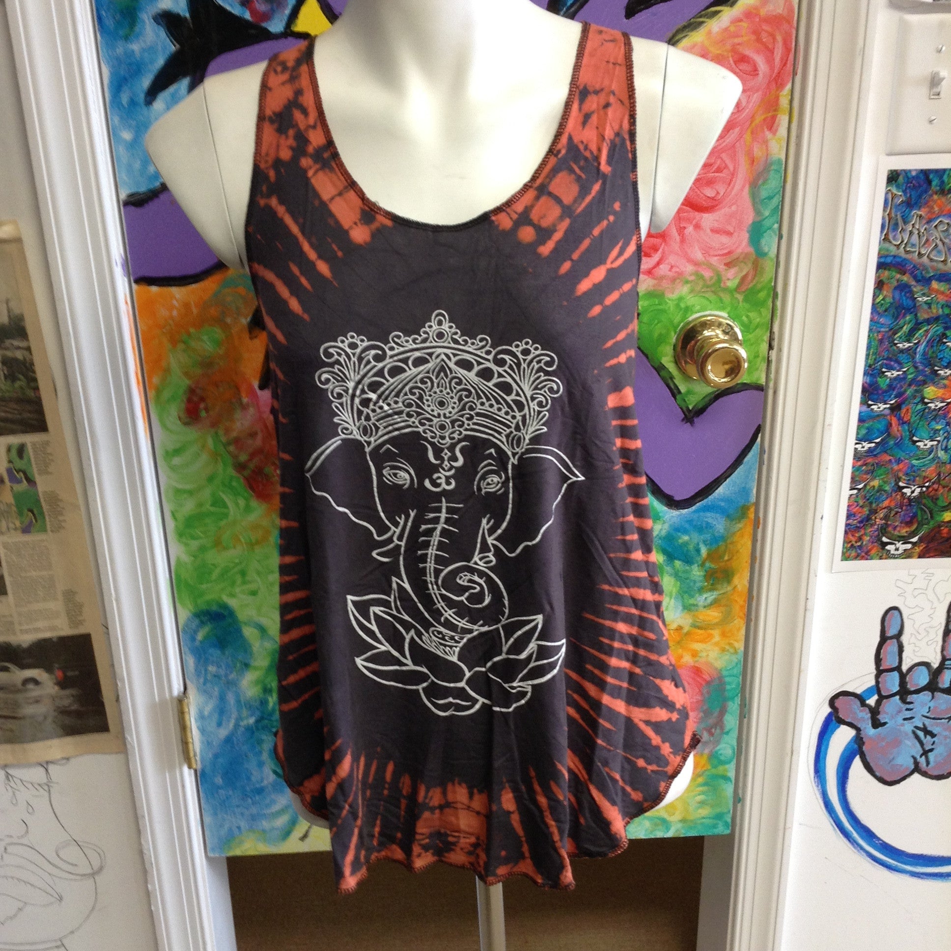 Womens Ganesh Print Tie Dye Tank Top - HalfMoonMusic