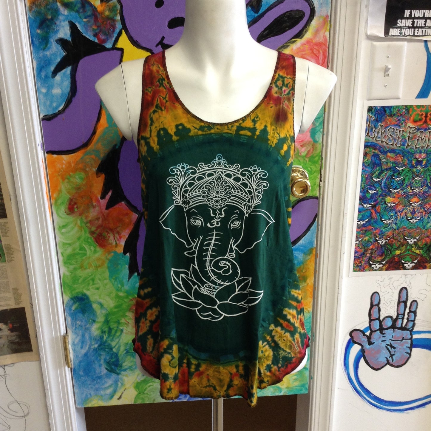 Womens Ganesh Print Tie Dye Tank Top - HalfMoonMusic