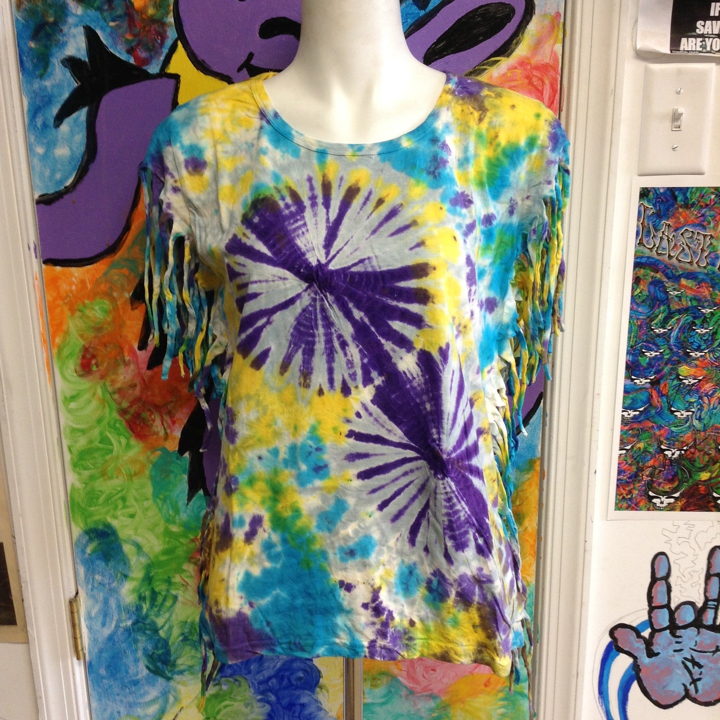 Womens Tie Dye Fringe Sided Top - HalfMoonMusic