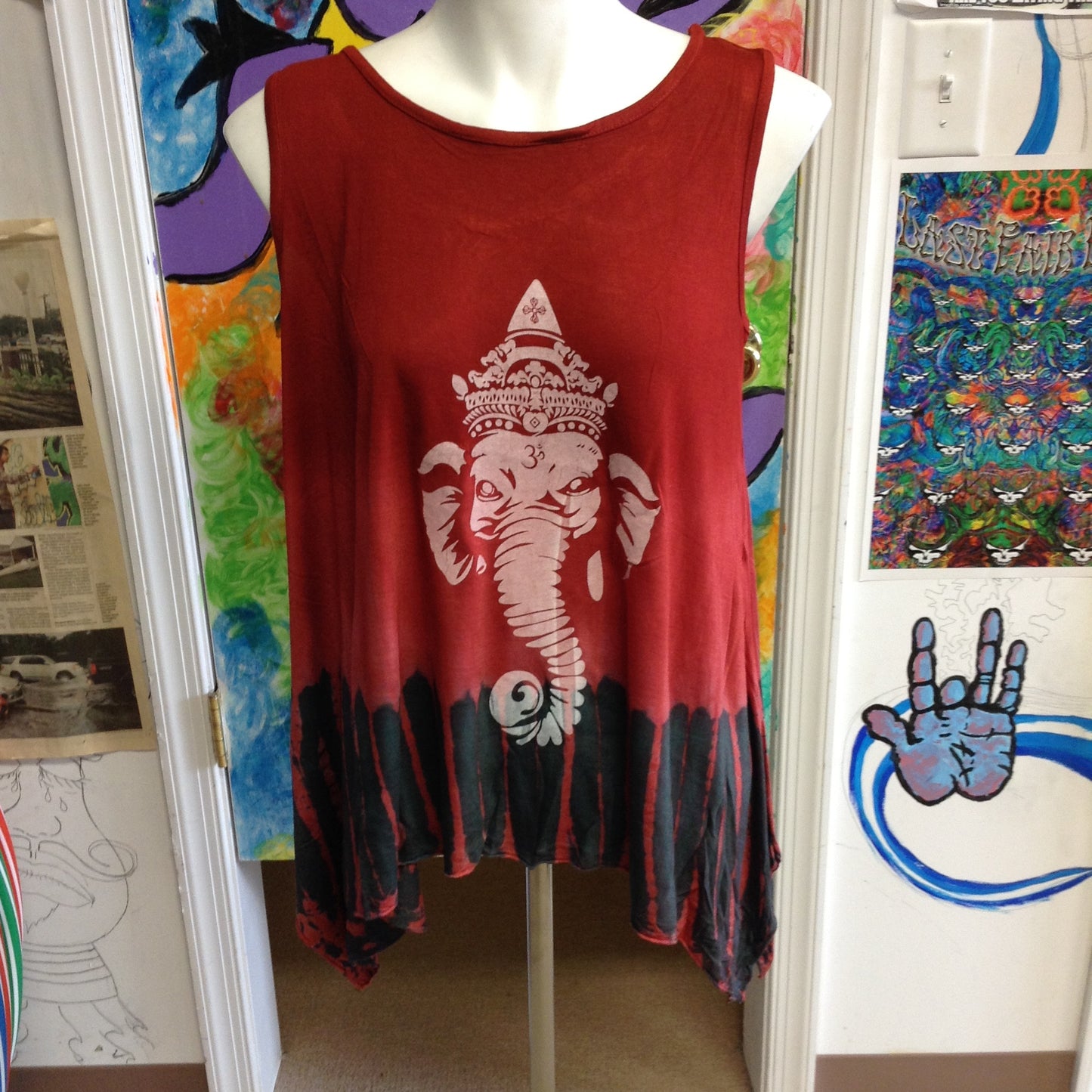 Womens Ganesh Print Tie Dye Bottom Tank Top - HalfMoonMusic