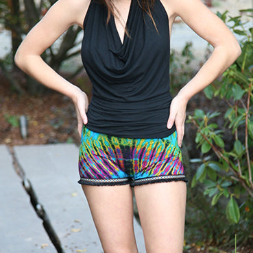 Womens Tie Dye Ribbon Trim Hot Shorts - HalfMoonMusic