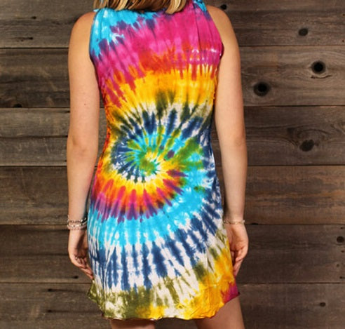 Womens Cotton Lycra Rainbow Spiral Tie Dye Mini Dress - HalfMoonMusic