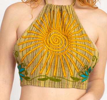 Womens Striped Embroidered Sun Halter Top - HalfMoonMusic