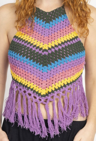 Womens Cotton Vintage Rainbow Fringe Crochet Top - HalfMoonMusic