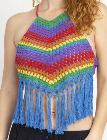 Womens Cotton Vintage Rainbow Fringe Crochet Top - HalfMoonMusic