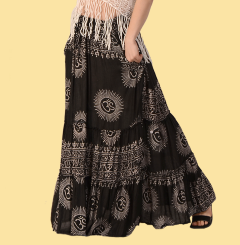 Womens Rayon Blend Om Shanti Printed Tiered Skirt - HalfMoonMusic