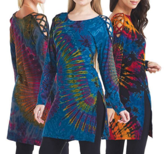 Womens Spandex Tie-Dye Long Sleeve Lace Shoulder Split Side Top - HalfMoonMusic