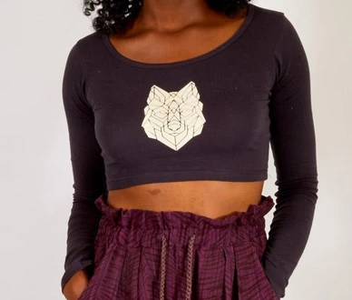 Womens Long Sleeve Printed Crop Top - HalfMoonMusic