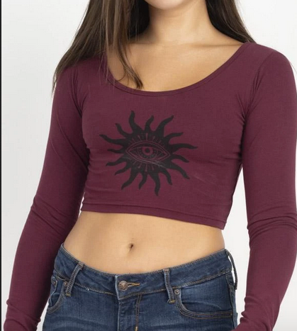 Womens Long Sleeve Printed Crop Top - HalfMoonMusic