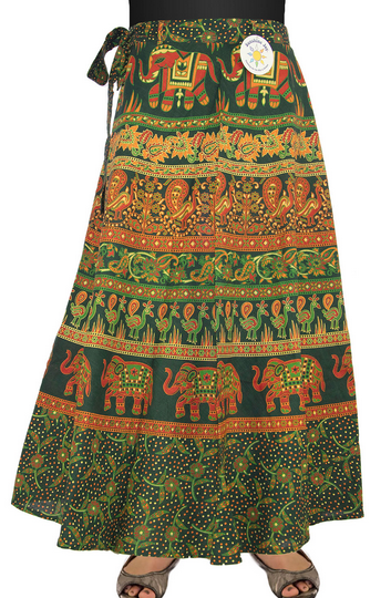 Womens Indian Elephant Print Wrap Skirt With Zip Pockets - HalfMoonMusic