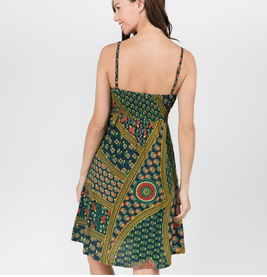 Womens Cotton Indian Tapestry Print Spaghetti Strap Dress - HalfMoonMusic