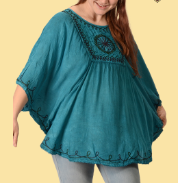 Womens Acidwash Embroidered Poncho Top - HalfMoonMusic