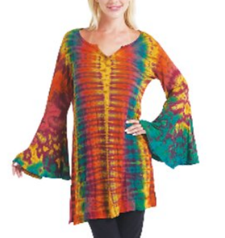 Womens Viscose Tie-Dye Bell Sleeve Tunic Top - HalfMoonMusic