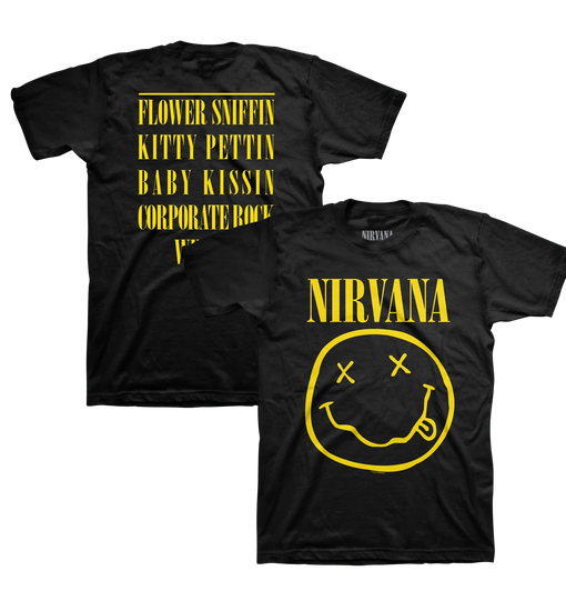 Mens Nirvana Yellow Smiley Flower Sniffin T-Shirt - HalfMoonMusic
