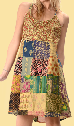 Womens Cotton Patchwork Short String Dress - HalfMoonMusic