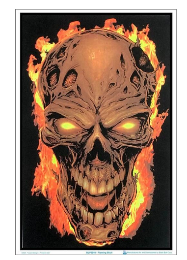 Flaming Orange Skull Flocked Blacklight Poster - HalfMoonMusic