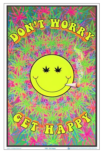 Don't Worry Get Happy Pot Leaf Smiley Face Flocked Blacklight Poster - HalfMoonMusic