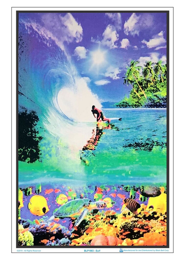 Surfer Coral Reef Flocked Blacklight Poster - HalfMoonMusic