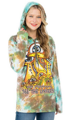 Women's Cotton Tie-Dye Eat Mushrooms Pullover Hoodie - HalfMoonMusic