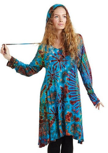 Womens Tie Dye Hooded Long Sleeve Tunic Dress - HalfMoonMusic