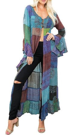 Womens Patchwork Deity Print Long Bell Sleeve Kimono Top - HalfMoonMusic