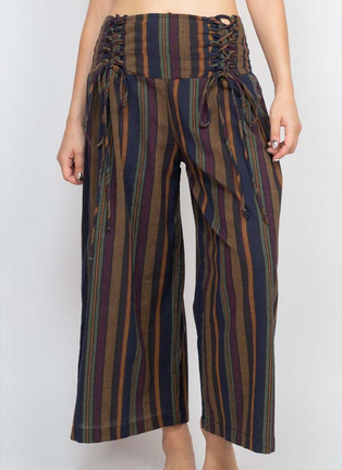 Women's Cotton Striped Corset Lace-Up Flowy Crop Pants - HalfMoonMusic