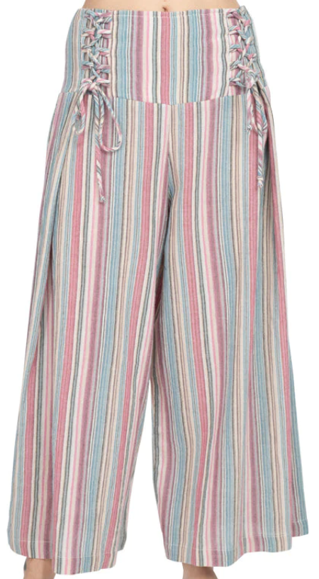 Women's Cotton Striped Corset Lace-Up Flowy Crop Pants - HalfMoonMusic