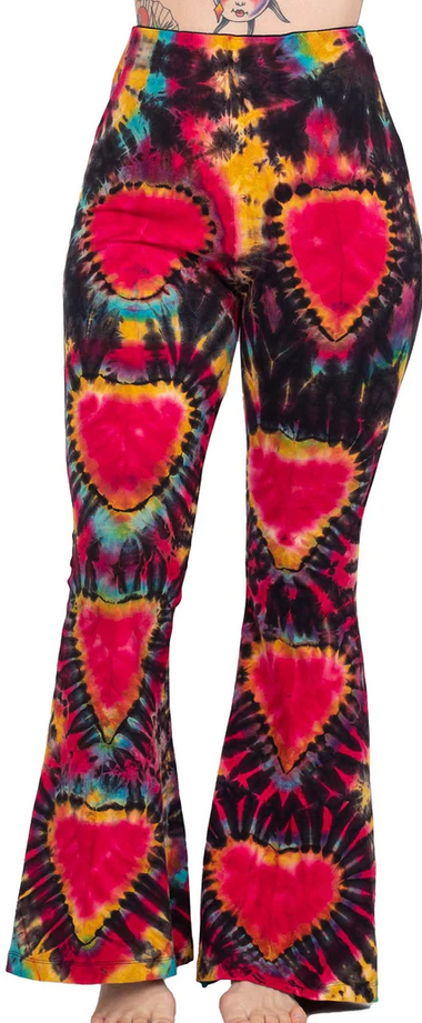 Women's Cotton Spandex Tie-Dye Flowy Bell Bottom Heart Leggings - HalfMoonMusic