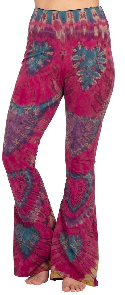Women's Cotton Spandex Tie-Dye Flowy Bell Bottom Heart Leggings - HalfMoonMusic