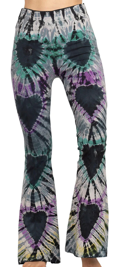 Women's Cotton Spandex Tie-Dye Flowy Bell Bottom Heart Leggings - HalfMoonMusic